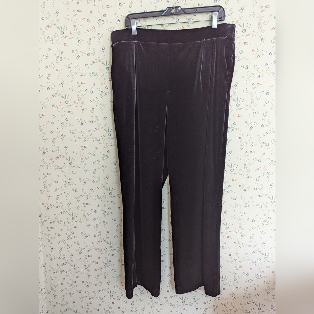 🖤 Lands' End L Pants Velvet Velour Wide leg back stretch waist timeless classic